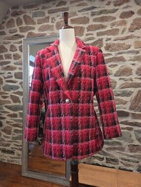 Tahari Red, Pink & Black With Gold Lurex Houndstooth Jacket